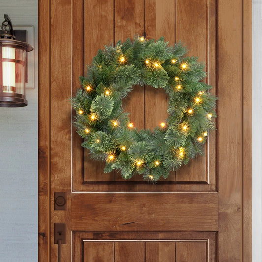 Puleo International 24" Battery-Operated Pre-Lit Wreath - Green
