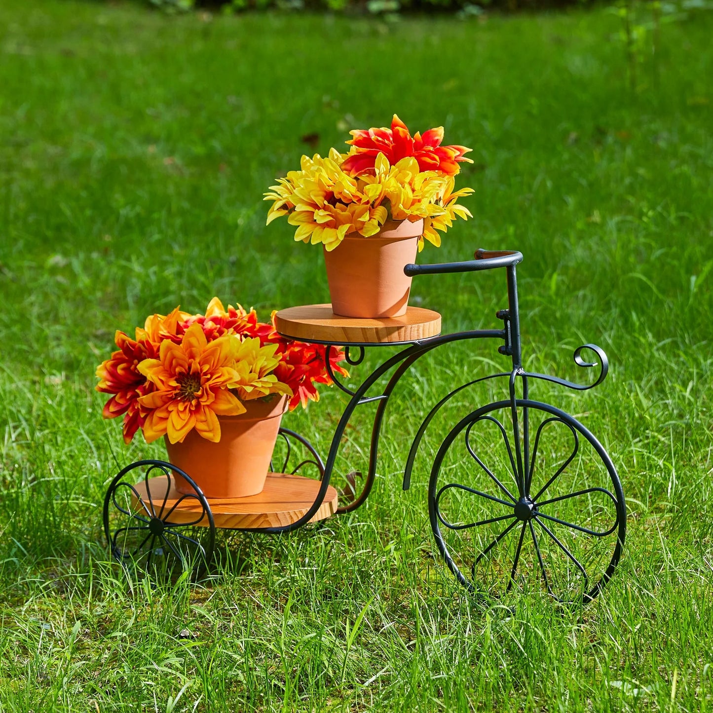 Glitzhome 24"L Spring Metal Tricycle Planter Stands Flower Pot Cart with Wood Trays