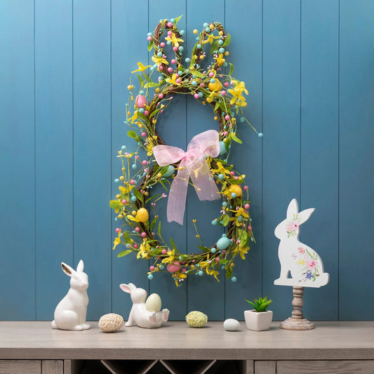 Glitzhome 24.5"H Easter Spring Bunny Shaped Eggs Wreath with Satin Ribbon Bow for Front Door Wall Decor