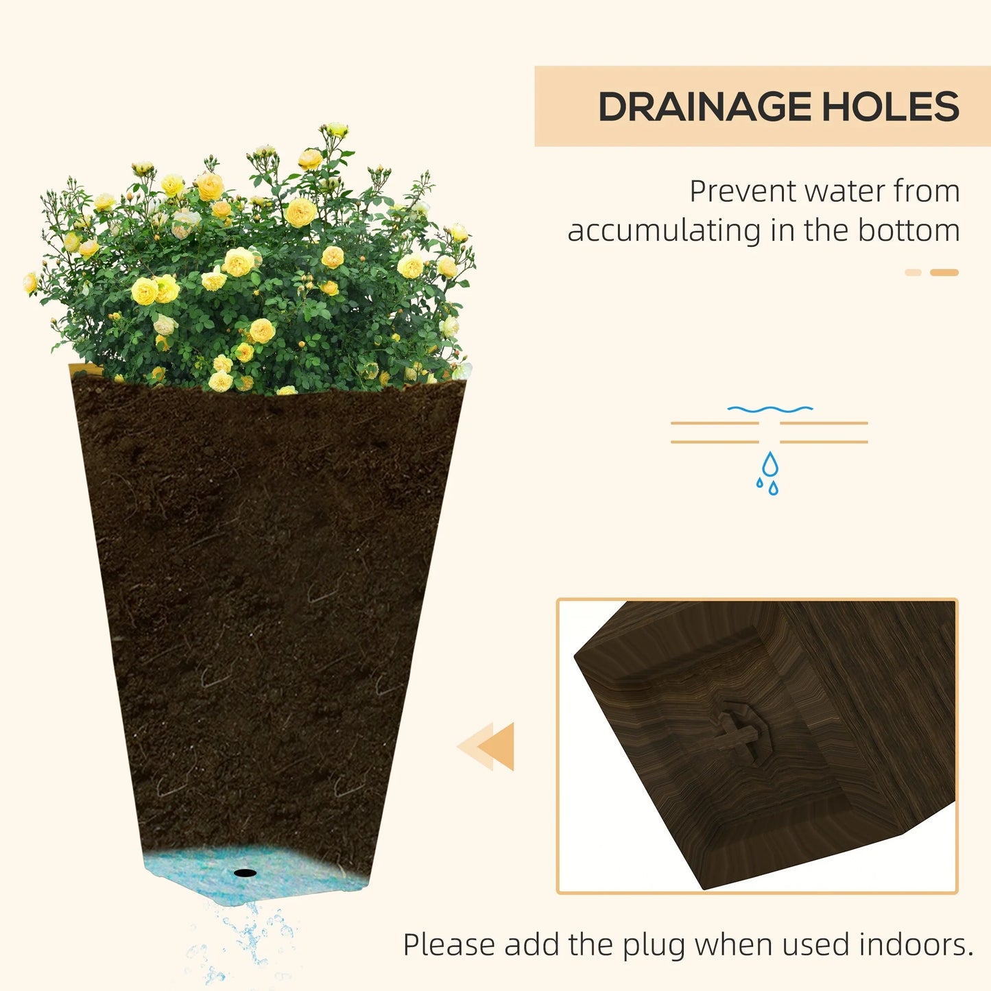 Outsunny 28" Tall Outdoor Planters, Set of 3 Large Taper Planters with Drainage Holes and Plug