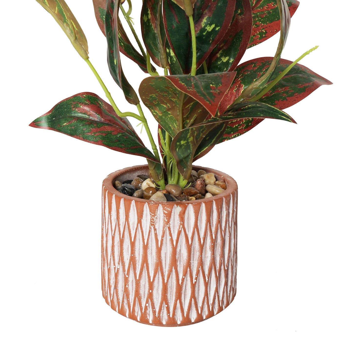 Faux Foliage Croton Artificial Plant with Geometric Patterned Pot and Decorative Pebbles - Green - Roche River Decor