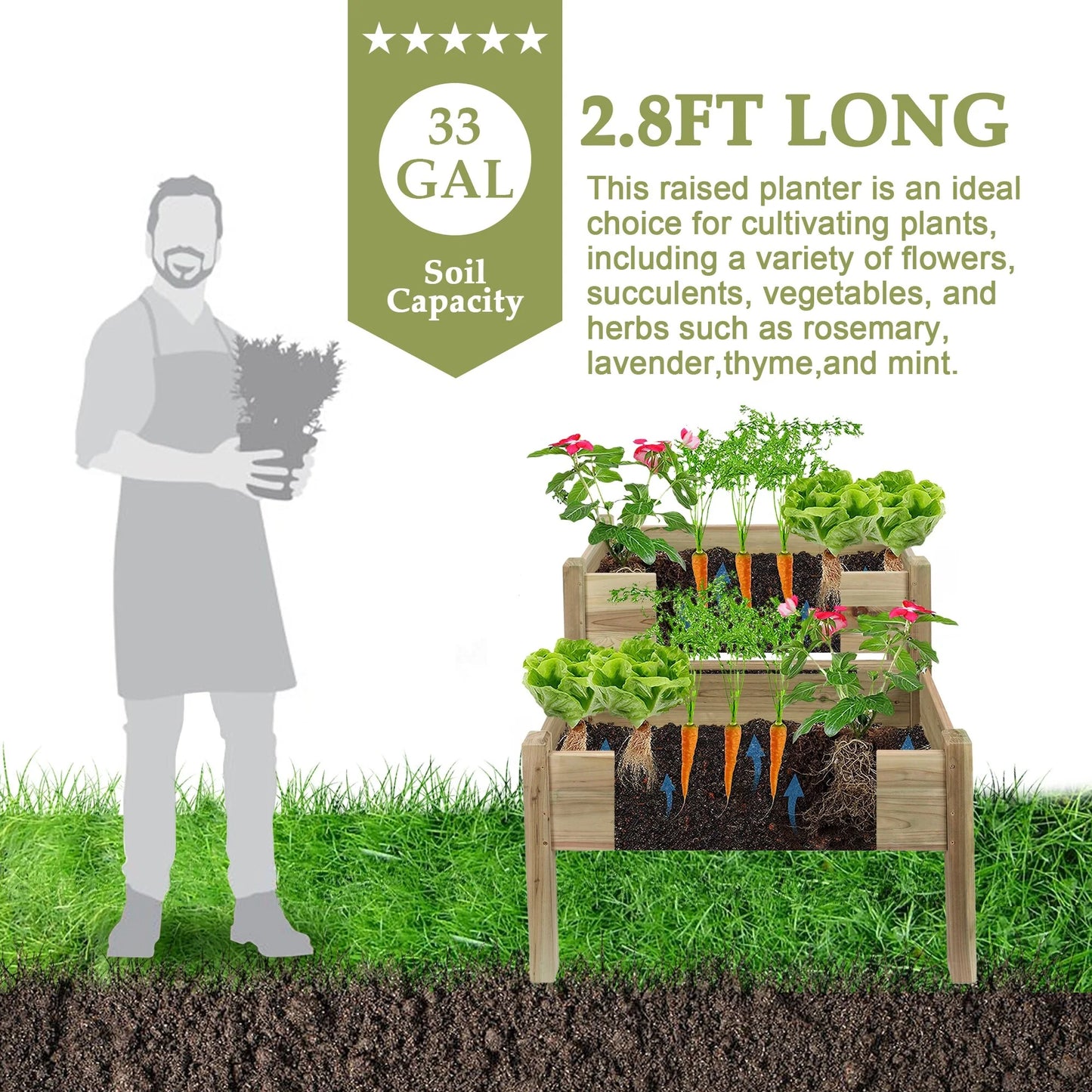 Brown Natural Wood 2-tier Raised Garden Bed Planter