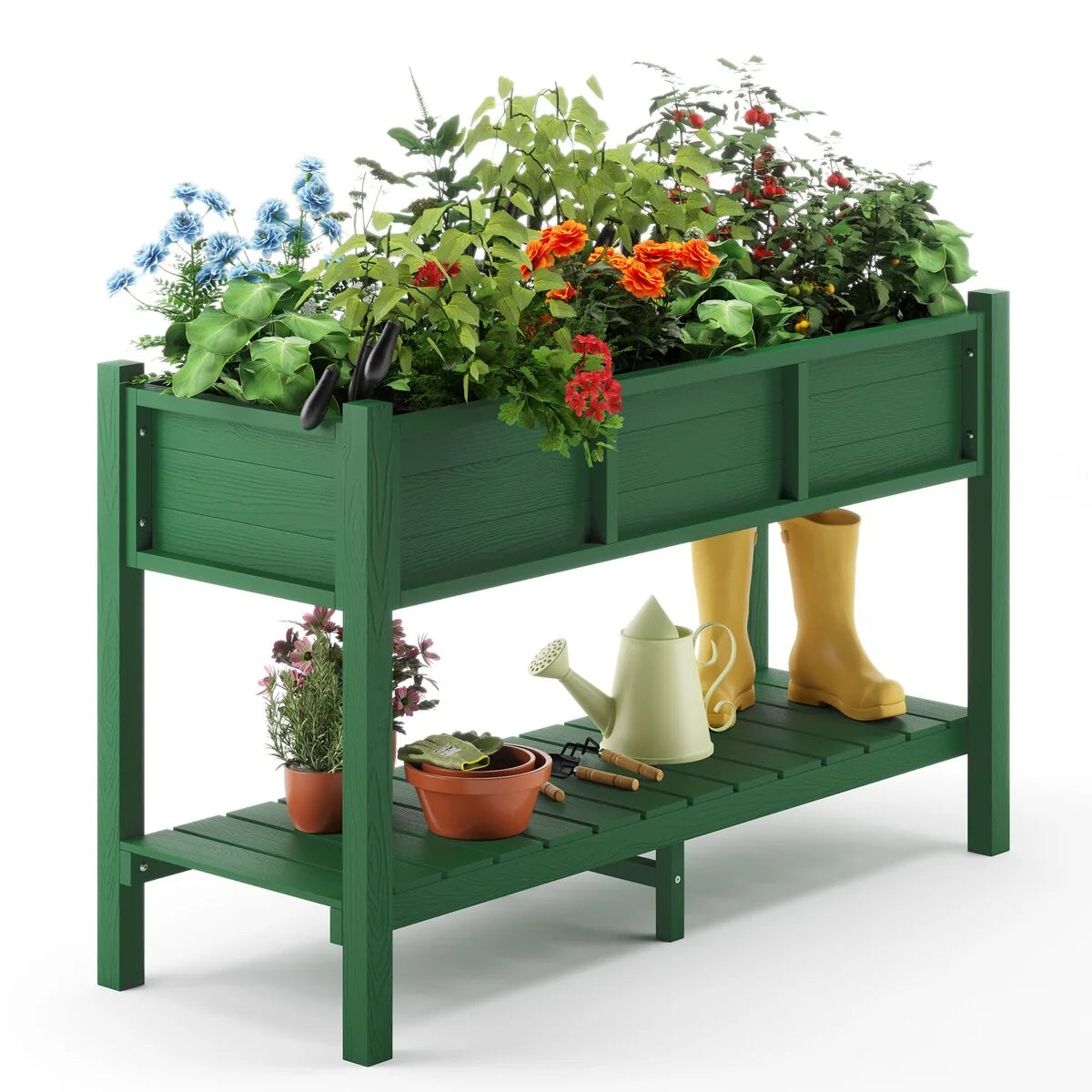 LUE BONA Patio Plastic Raised Elevated Garden Bed HDPS Planter Box Stand with Storage Shelf and Legs