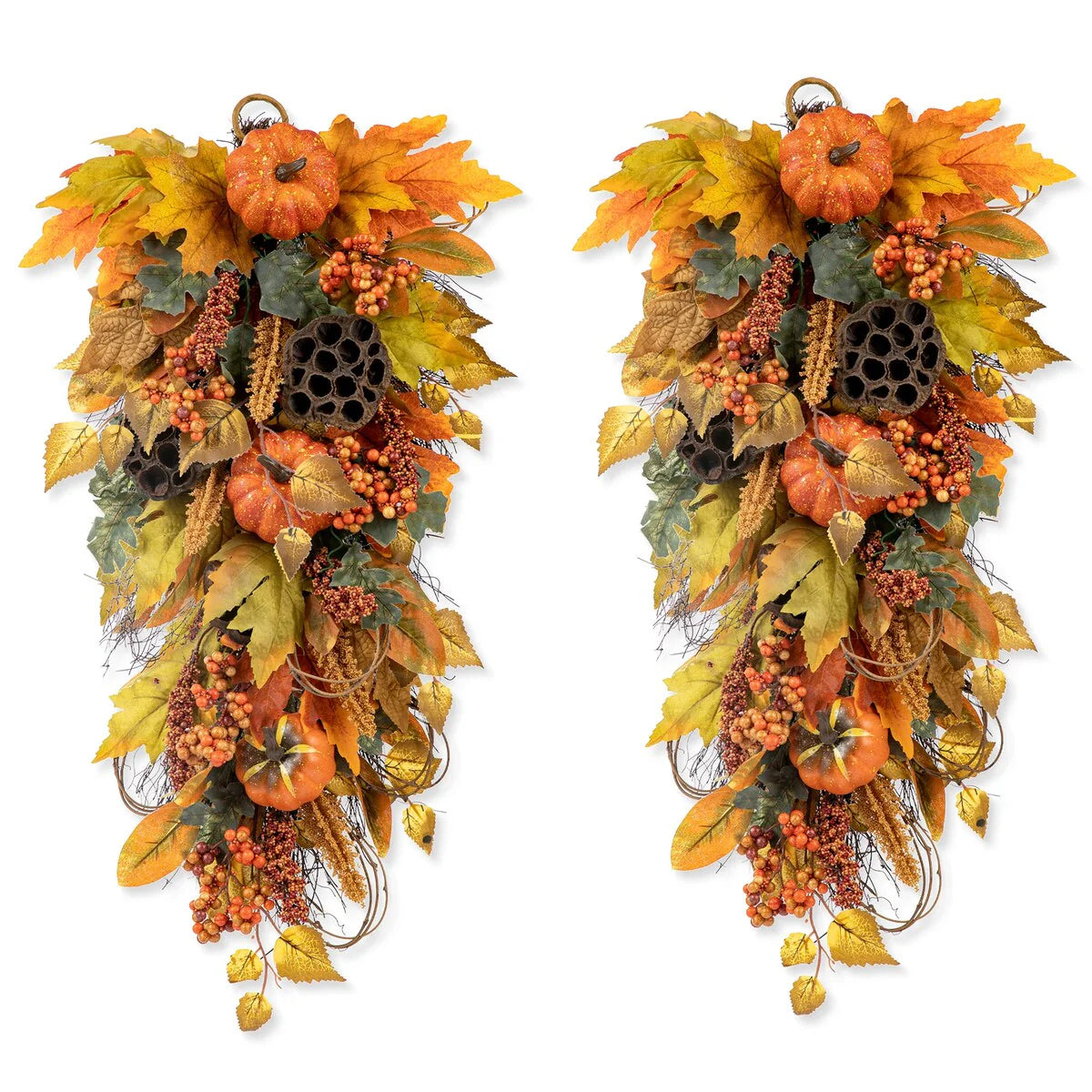 Glitzhome 25"H Fall Pumpkin Lotus Leaf Swag Wreath Thanksgiving Door Decor