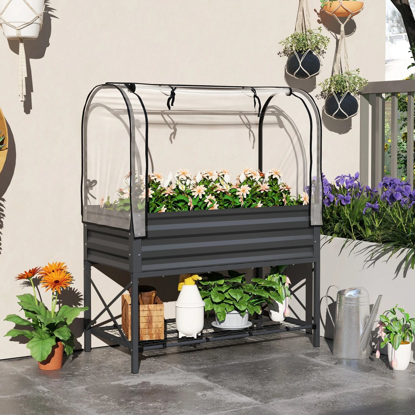 Outsunny Raised Garden Bed with Cover and Storage Shelf, Rectangular Metal Elevated Planter Box
