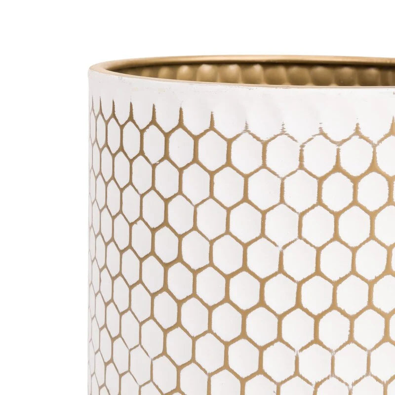 Honeycomb Mid-Century Modern Indoor Metal Pot Planter with 4-Leg Wood Base