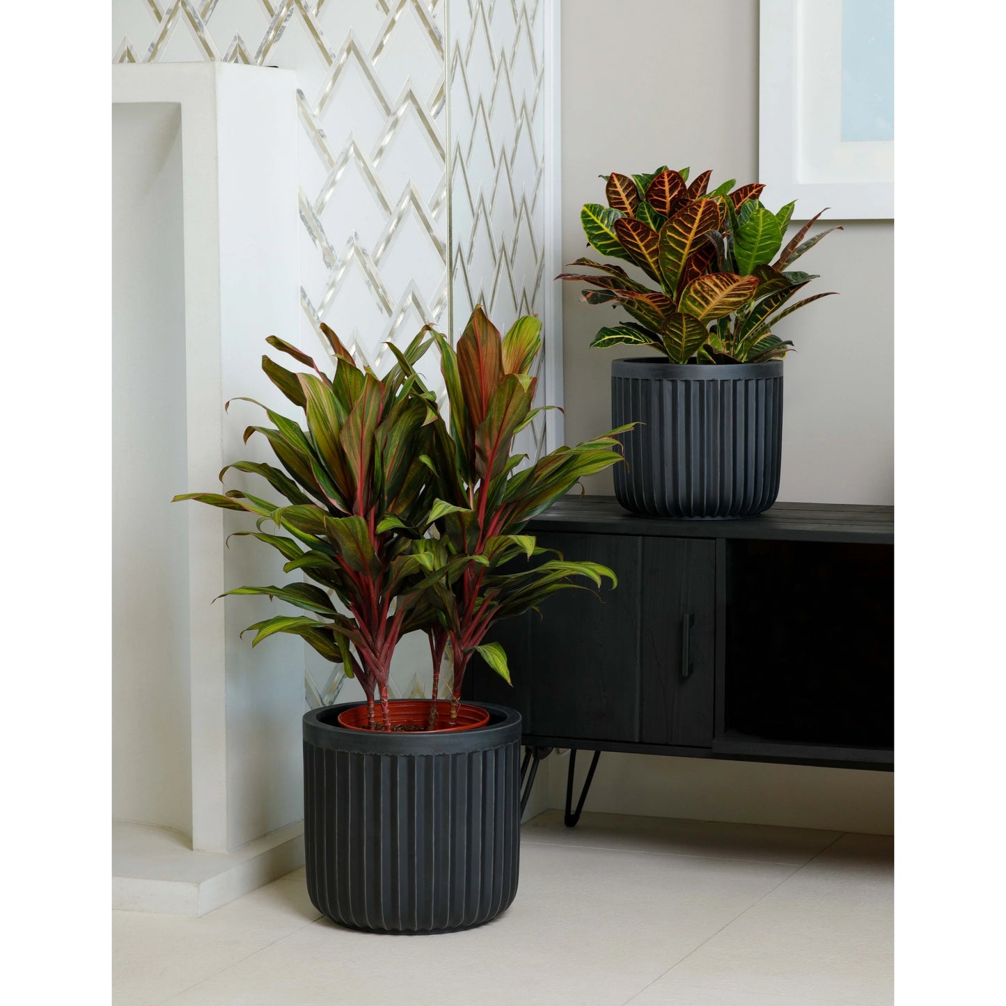 Indoor/Outdoor Large 1-Piece Minimalist Fiberstone Lightweight Short Round Planter Pot With Grooves - 16, 13, 11 in Matte Finish