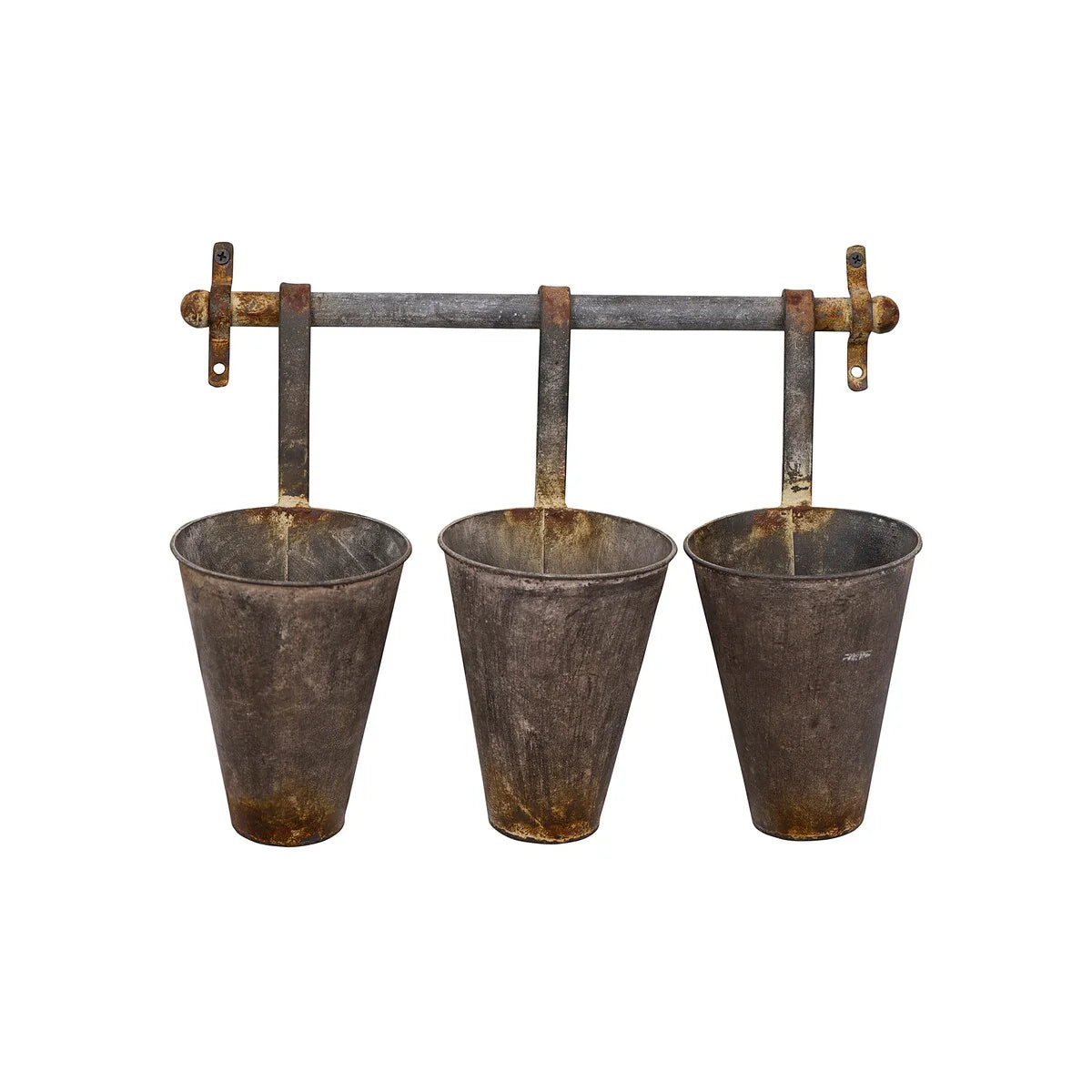 Antiqued Metal Wall Rack with 3 Hanging Tin Pots - Grey