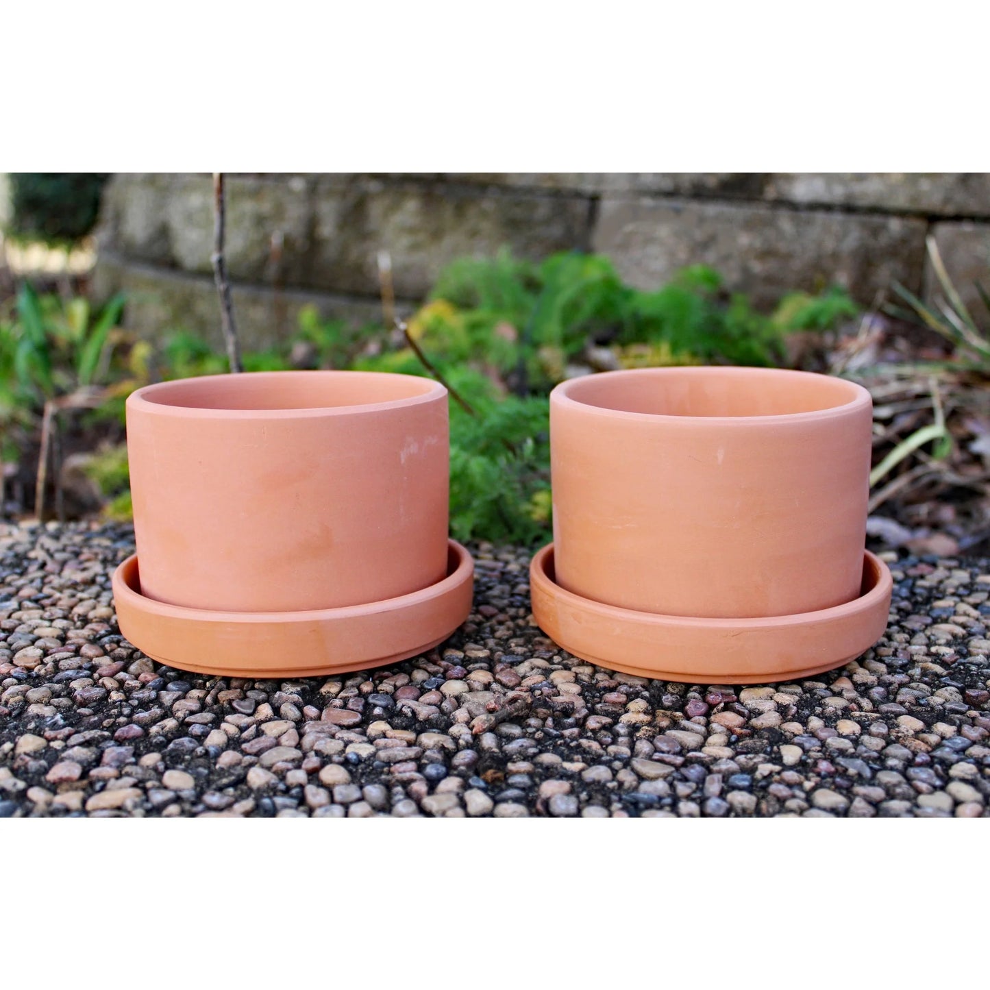 Set of 2 Terracotta Round Fat Walled Garden Planters with Individual Trays, 2 SIZES AVILABLE