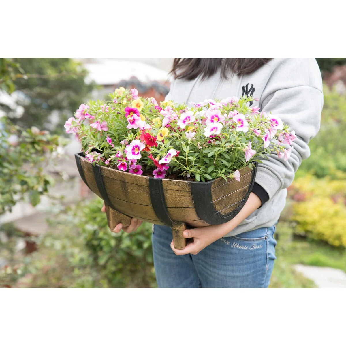 Gardenised 2-Piece Rectangular Half Barrel Flower Pots Rustic Farmhouse Style Faux Wood Planter Containers for Indoor & Outdoor