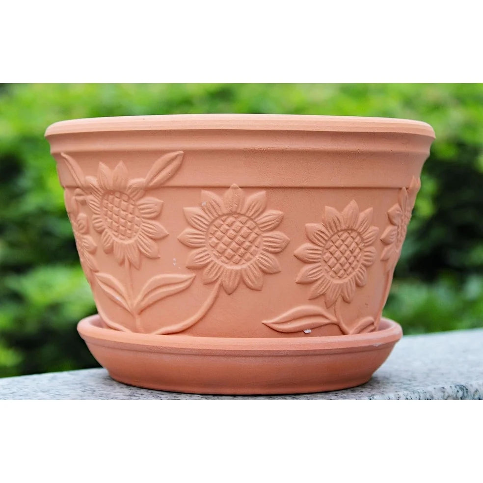 Set of 2 Sunflower Terracotta Garden Pot with Individual Tray, 2 SIZES