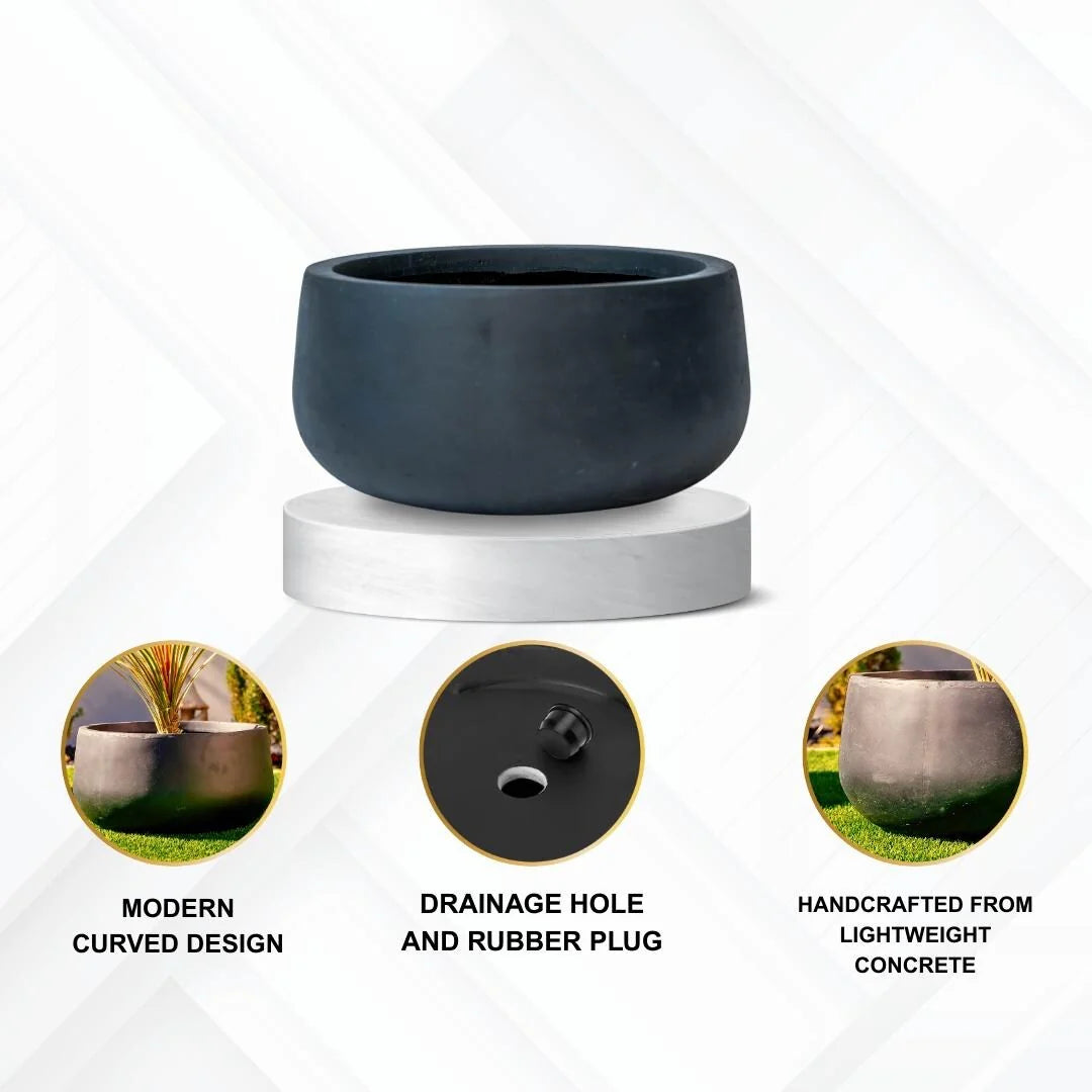 Kante 19.6"W Weathered Concrete Round Planter, Outdoor/Indoor Modern Planter, Seamless with Drainage Hole, Black