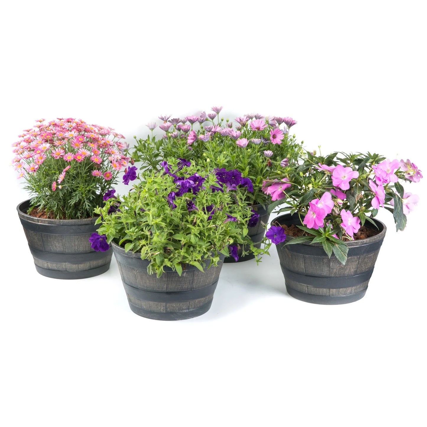 Gardenised 4-Piece Round Half Barrel Flower Pots Rustic Farmhouse Style Faux Wood Planter Containers for Indoor & Outdoor Use