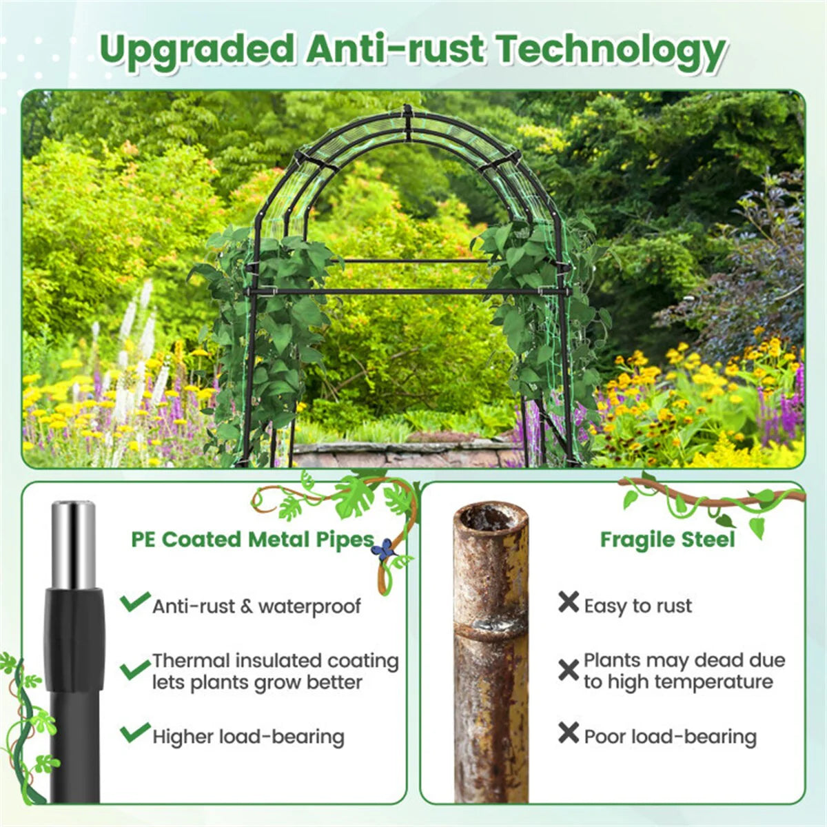 Garden Arch Trellis with PE Coated Metal Structure