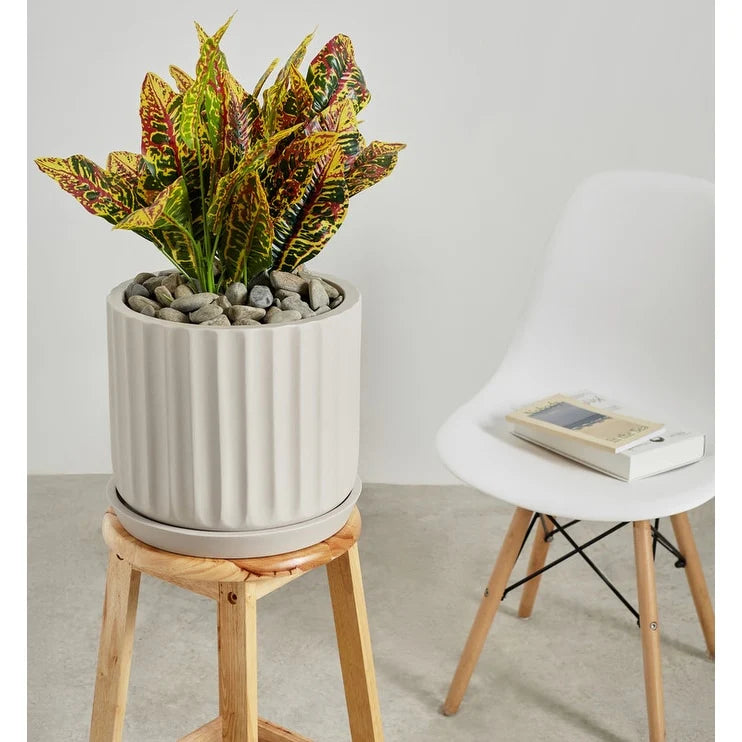 Indoor/Outdoor Large 1-piece Nordic Minimalist Fiberstone Lightweight Round Planter Pot With Grooves Saucer - 16, 13, 11 in