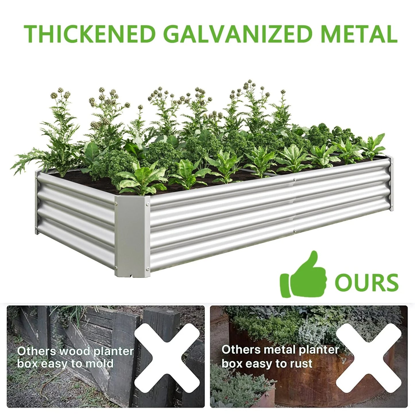 Outdoor Galvanized Metal Raised Garden Bed Kit - 6 x 3 x 1 ft