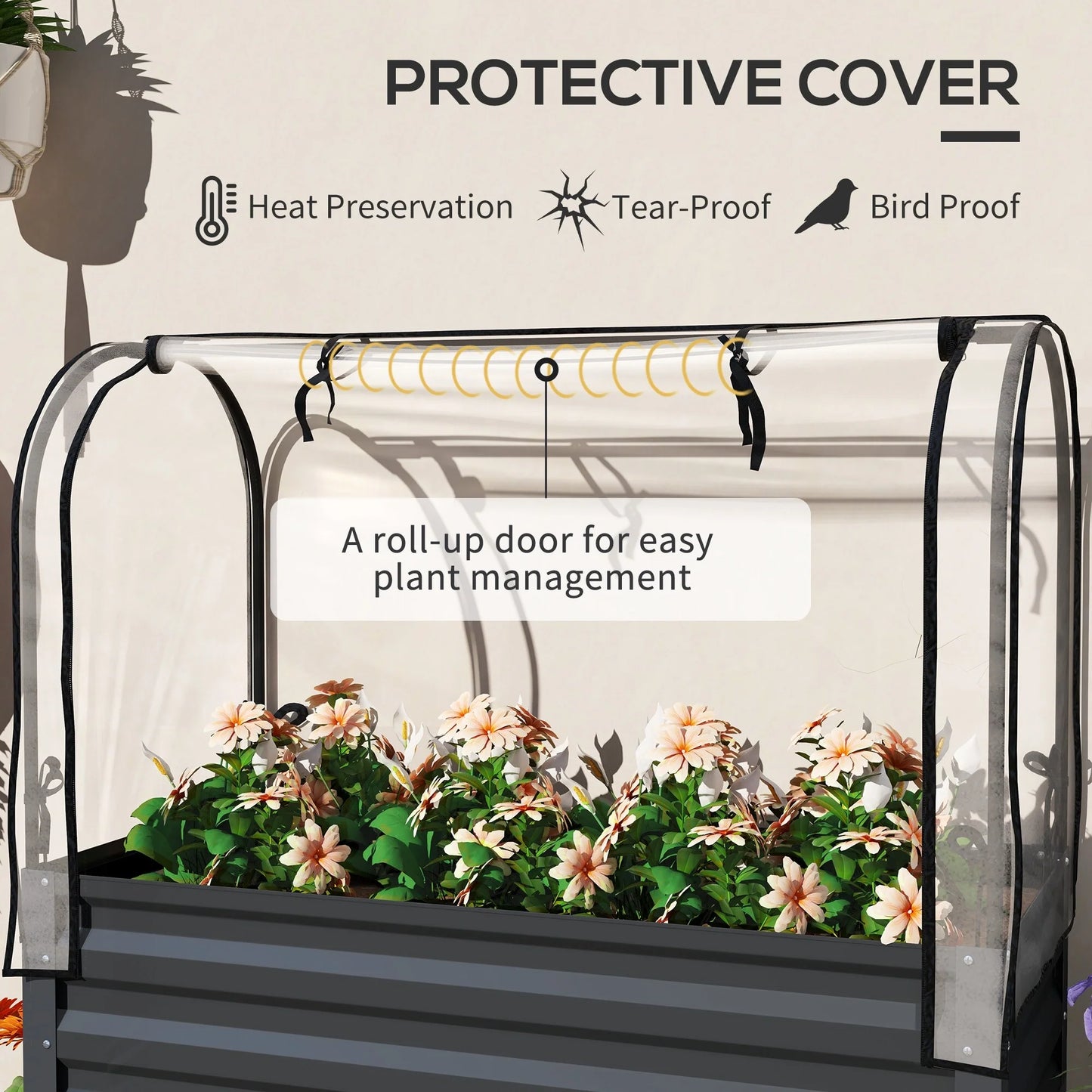 Outsunny Raised Garden Bed with Cover and Storage Shelf, Rectangular Metal Elevated Planter Box