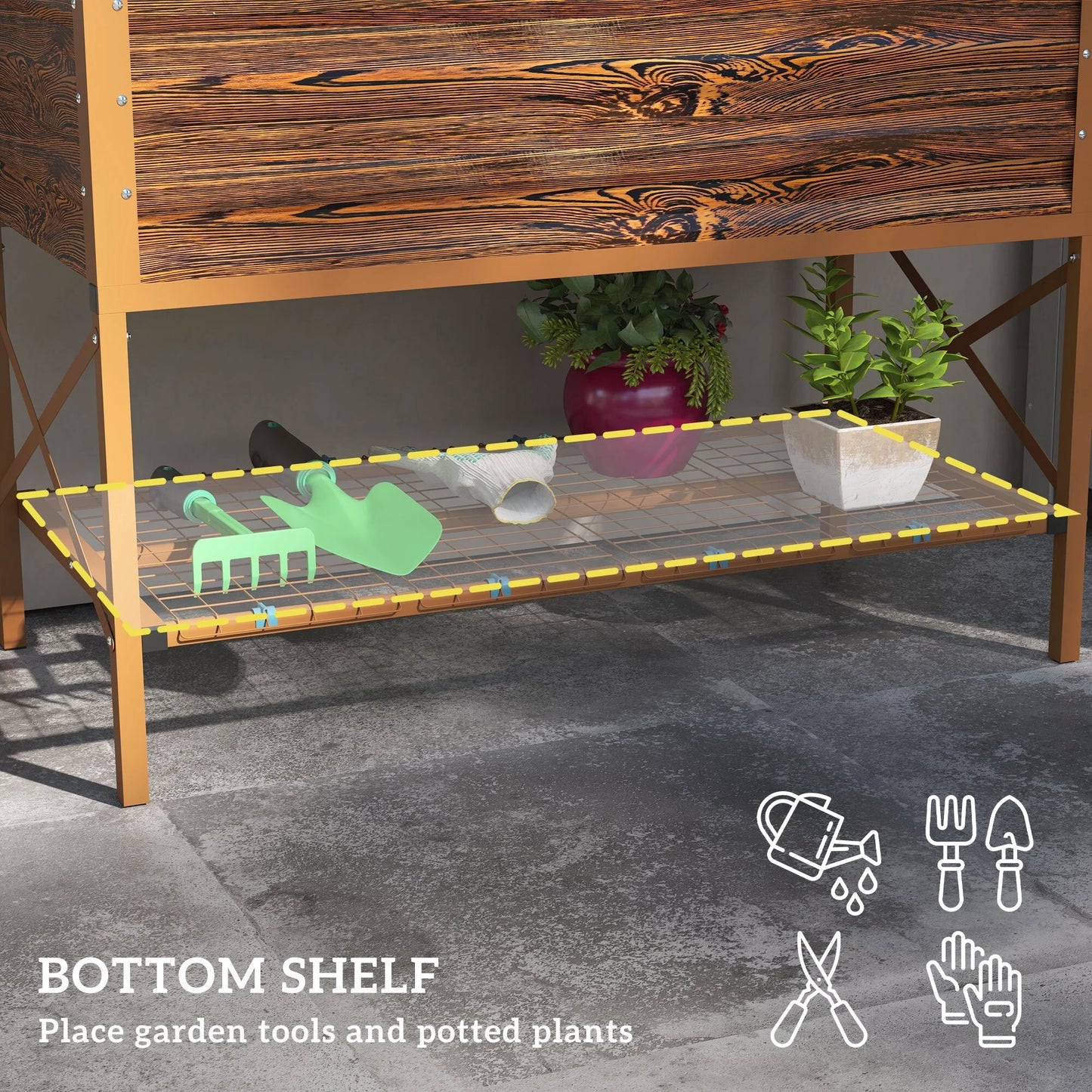 Outsunny Raised Garden Bed with Galvanized Steel Frame, Storage Shelf and Bed Liner, Elevated Planter Box