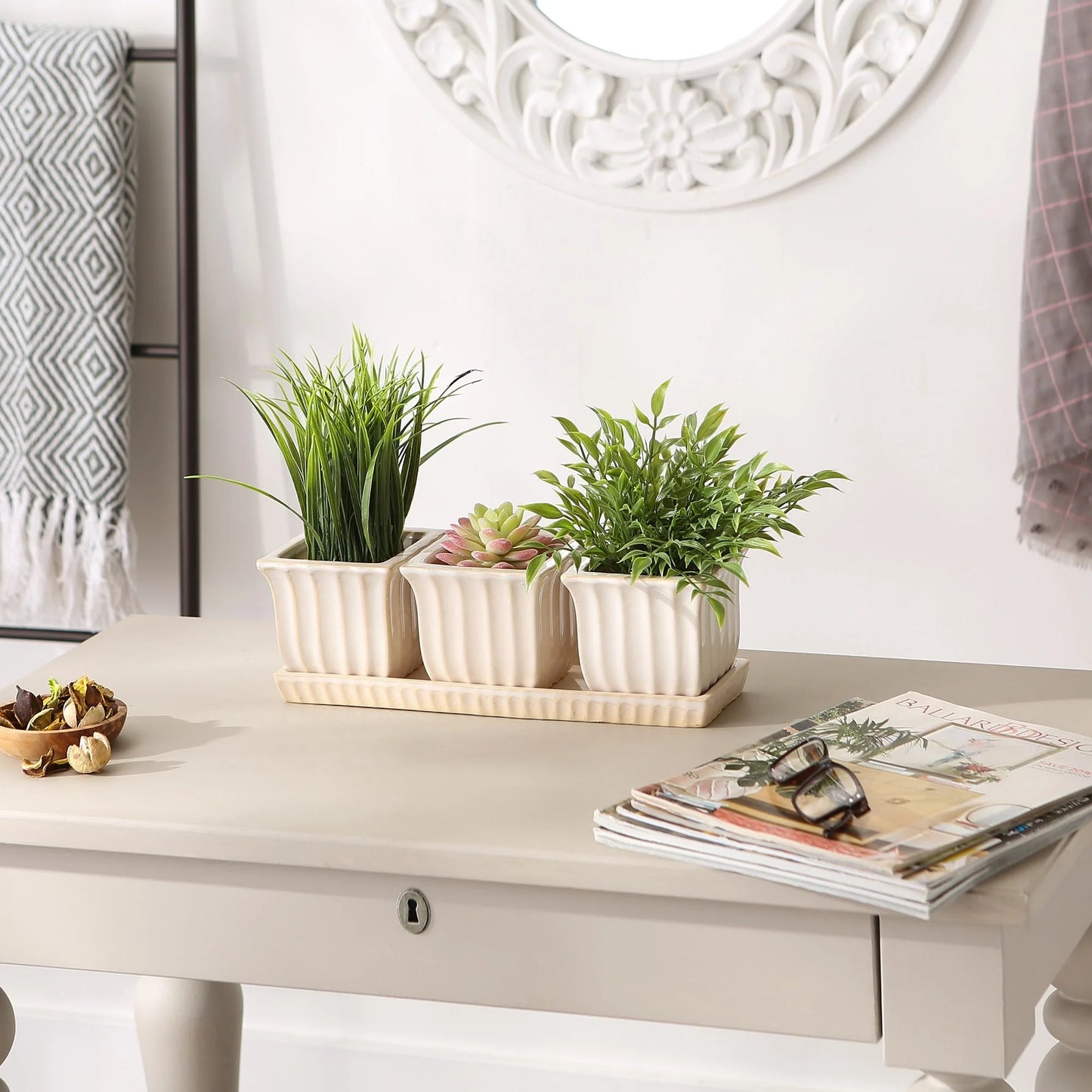 White Square Ceramic Small Planter (Set of 3)