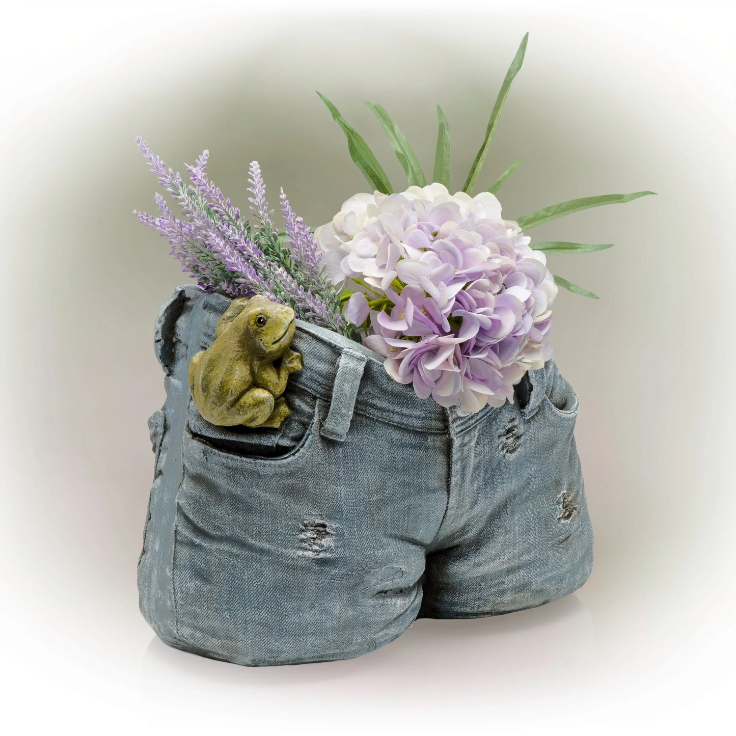 Alpine Corporation 10" Tall Indoor/Outdoor Denim Shorts with Frog Shaped Planter and Yard Decoration - 14"L x 11"W x 10"H
