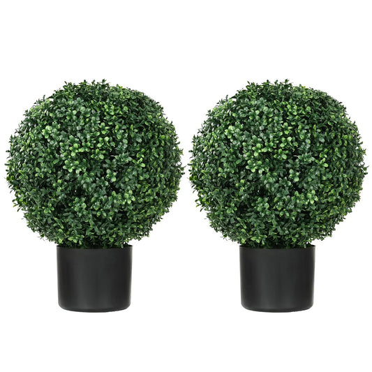 HOMCOM Set of 2 20.5" Artificial Ball Boxwood Topiary Trees with Pot