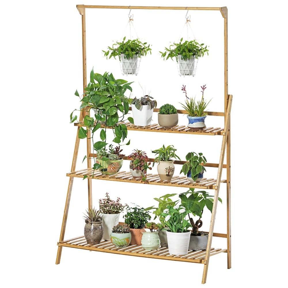 3 Tier Bamboo Hanging Plant Stand Ladder Flower Rack Hanging Baskets
