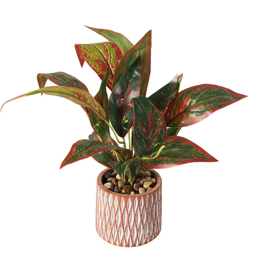 Faux Foliage Croton Artificial Plant with Geometric Patterned Pot and Decorative Pebbles - Green - Roche River Decor