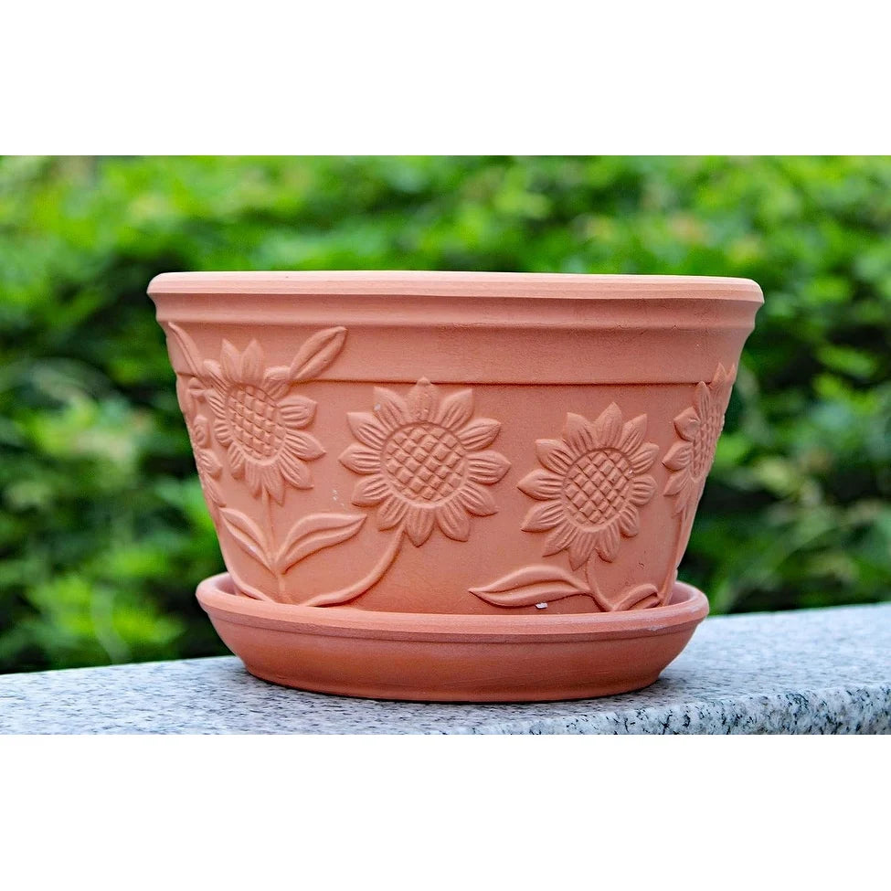 Set of 2 Sunflower Terracotta Garden Pot with Individual Tray, 2 SIZES