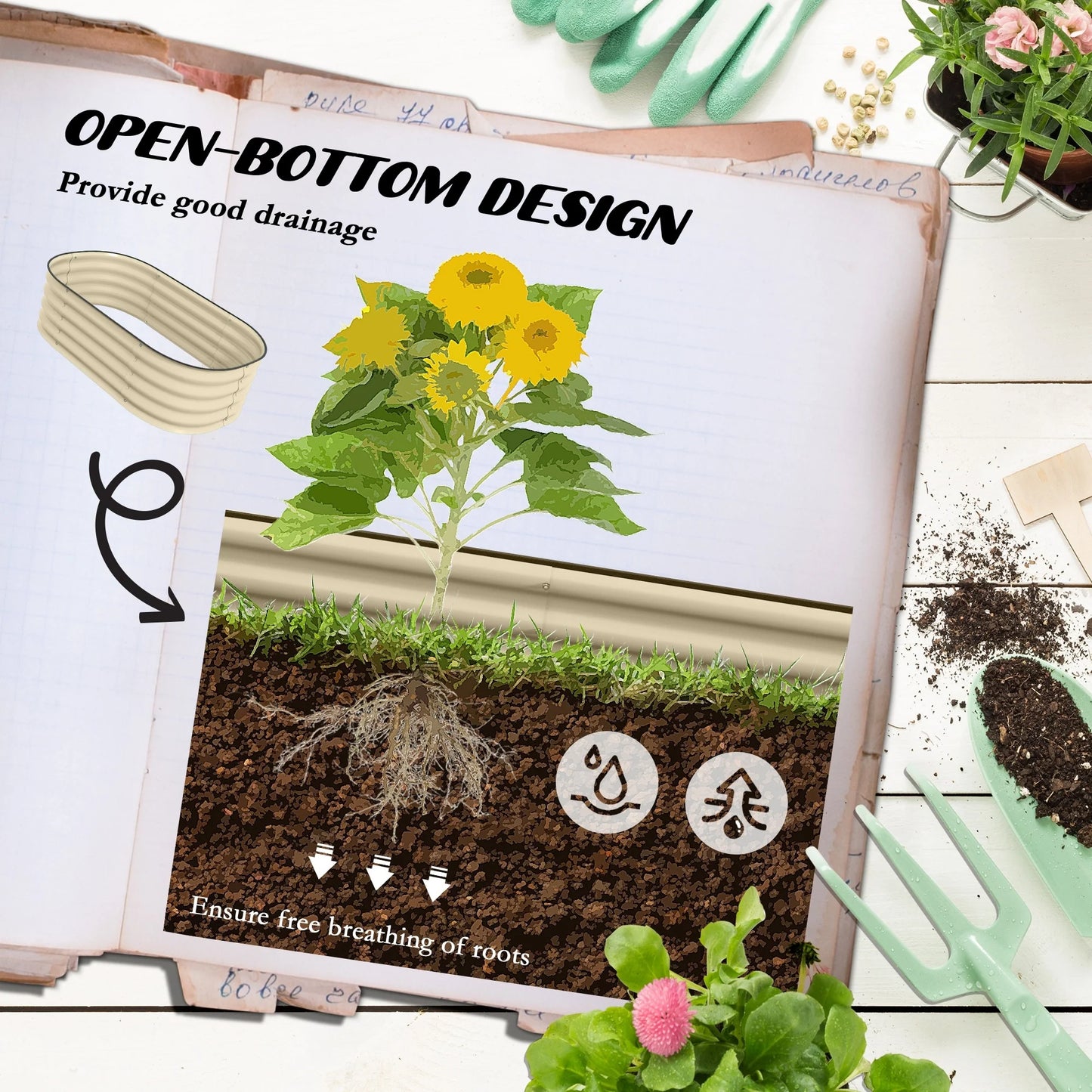 Outsunny 3.4' x 2' x 1' Galvanized Raised Garden Bed Kit, Outdoor Metal Elevated Planter Box with Safety Edging