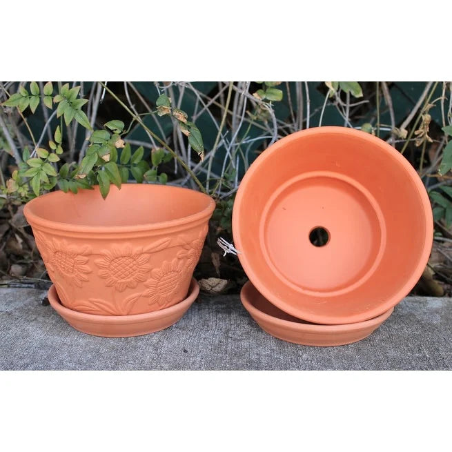 Set of 2 Sunflower Terracotta Garden Pot with Individual Tray, 2 SIZES