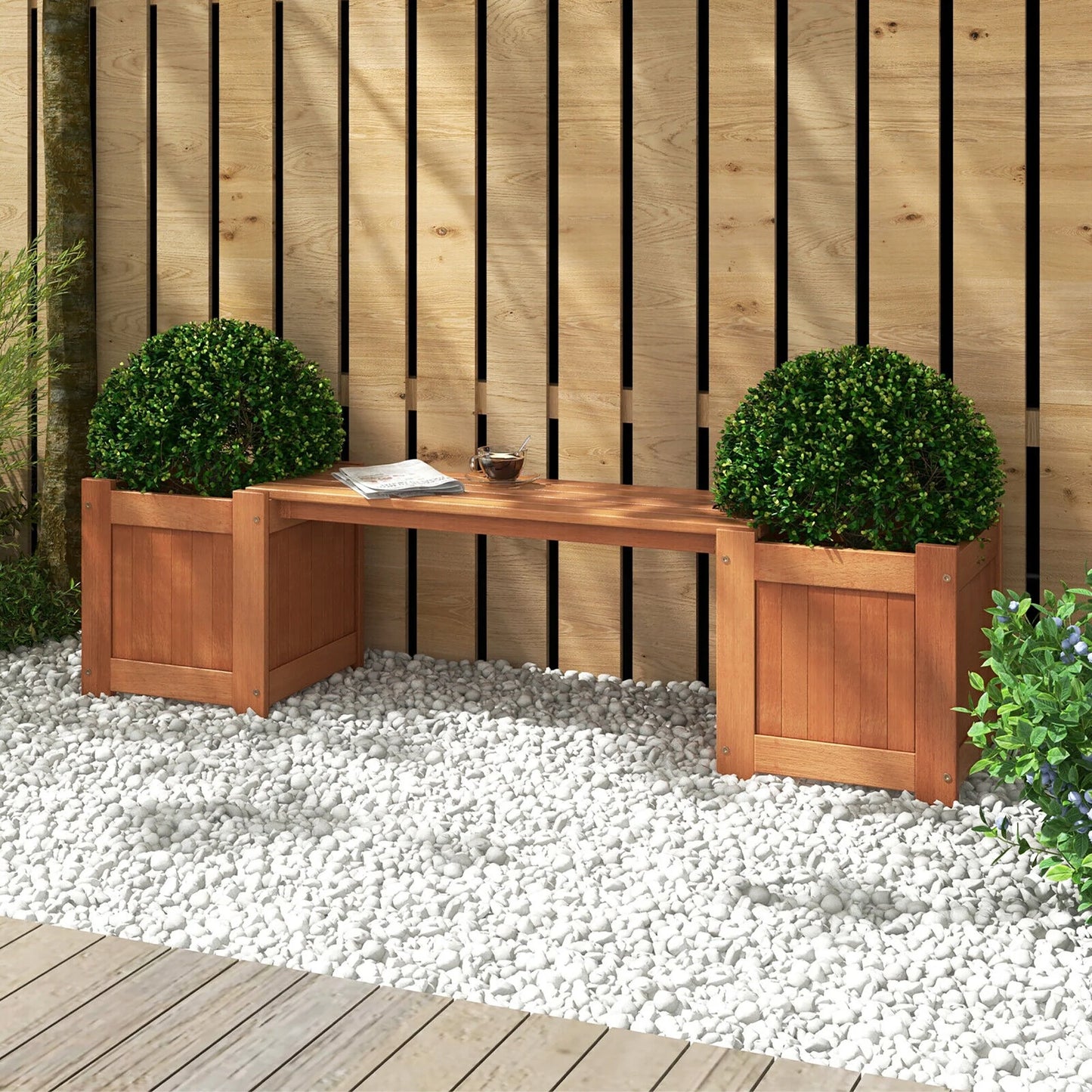 Gymax Wood Outdoor Planter Boxes w/ Detachable Bench 2 Elevated Mini