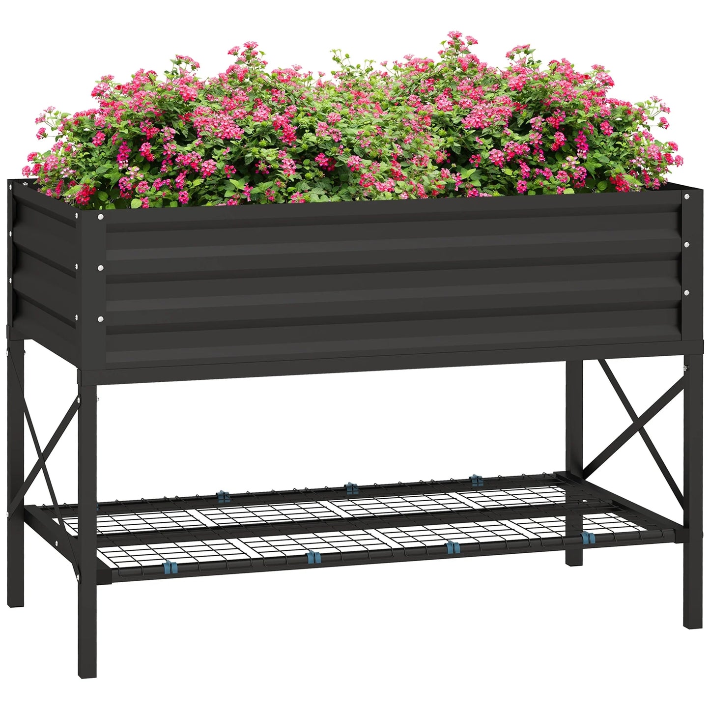 Outsunny Raised Garden Bed with Galvanized Steel Frame, Storage Shelf and Bed Liner, Elevated Planter Box