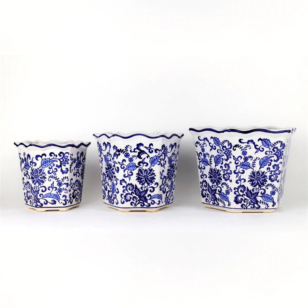 Euro Ceramica Blue and White Ceramic 3 Piece Chinoiserie Garden Planter Set - Set of 3