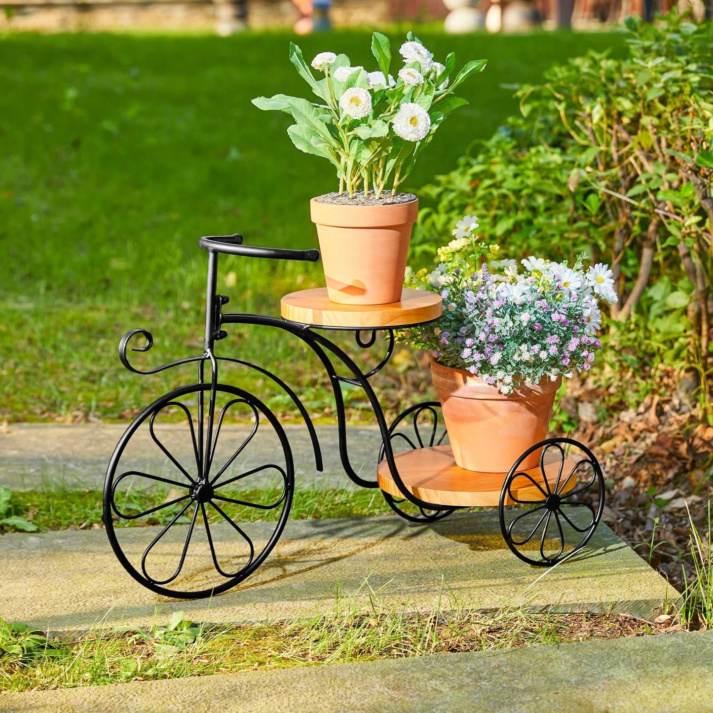 Glitzhome 24"L Spring Metal Tricycle Planter Stands Flower Pot Cart with Wood Trays