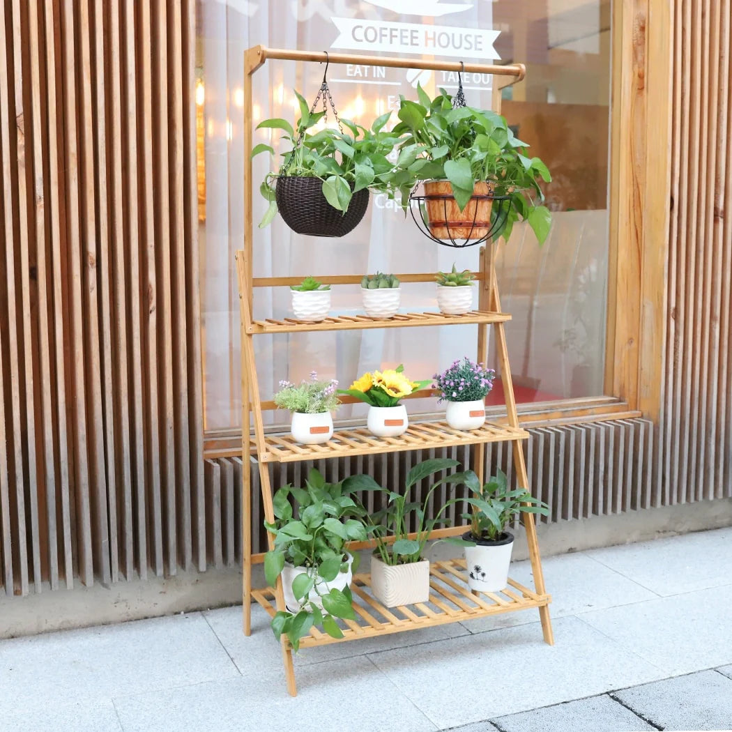3 Tier Bamboo Hanging Plant Stand Ladder Flower Rack Hanging Baskets