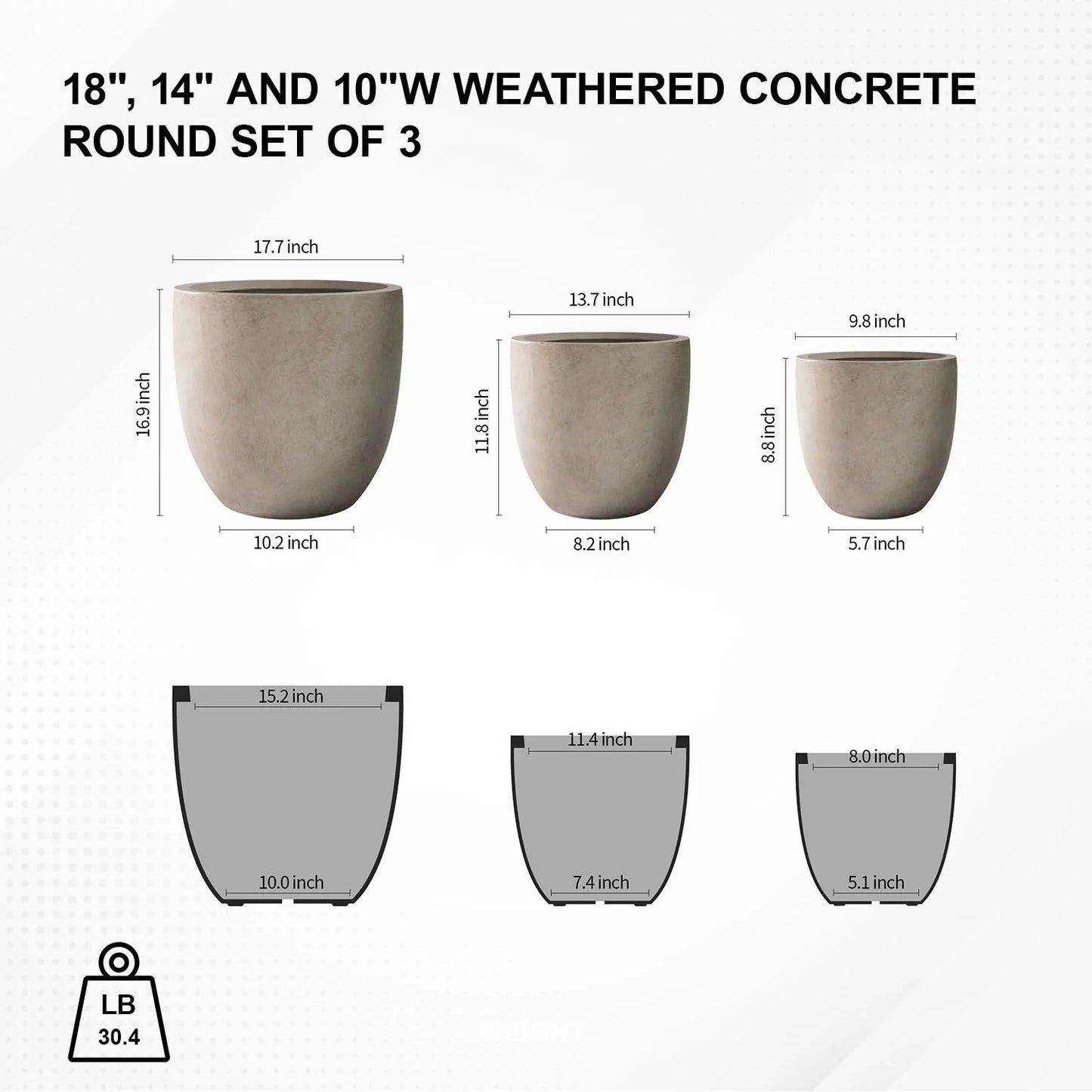 Kante 18", 14", 10"W Weathered Concrete Round Planters (Set of 3), Outdoor/Indoor, Modern, Lightweight