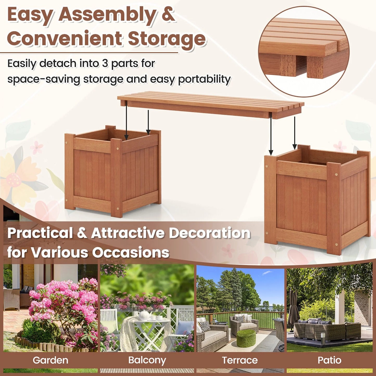 Gymax Wood Outdoor Planter Boxes w/ Detachable Bench 2 Elevated Mini