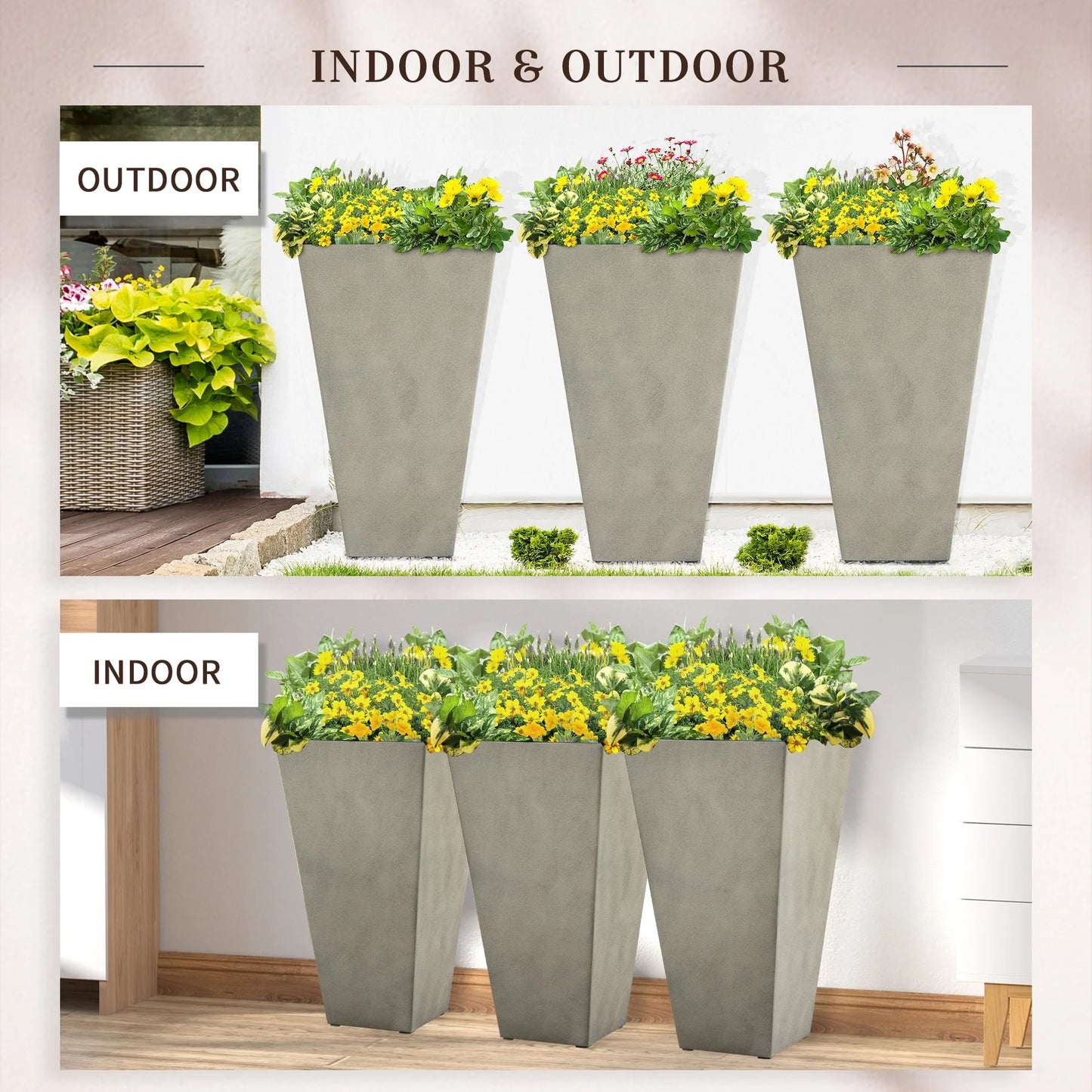 Outsunny 28" Tall Plastic Flower Pot, Set of 3, Large Outdoor & Indoor Plastic Garden Planters, for Entryway, Patio, Yard