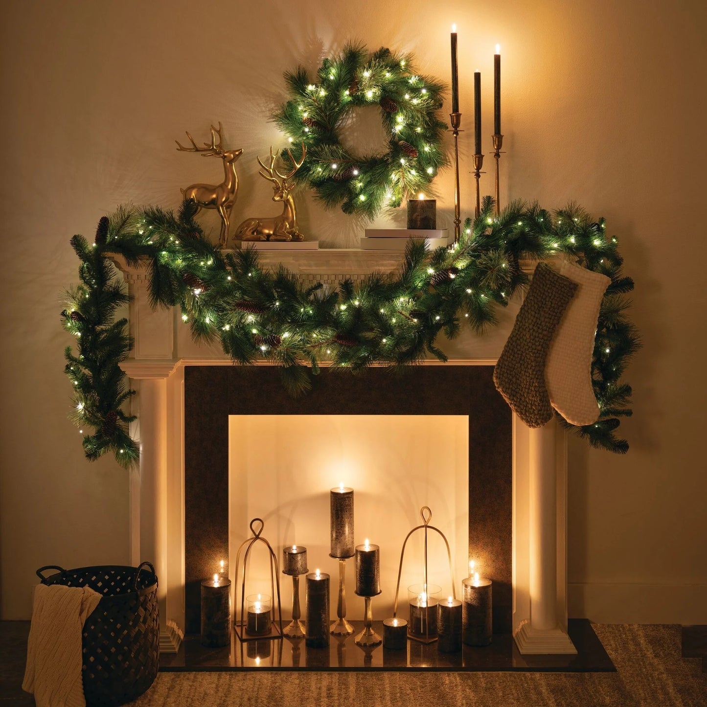 Sullivans Artificial 24" LED Mixed Pine Christmas Wreath with Pinecones, Green, Indoor Christmas Decor