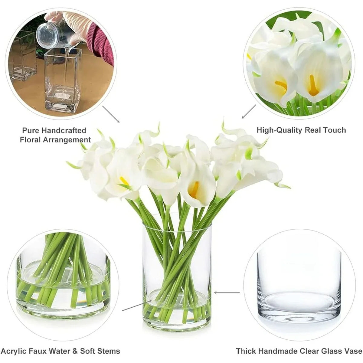 Enova Home 20 Pieces Real Touch Faux Calla Lily Artificial Flowers in Vase with Faux Water for Dining Table Decor, Wedding Event