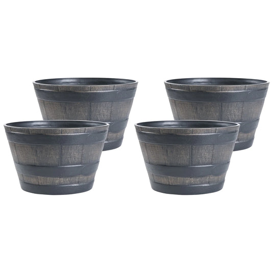 Gardenised 4-Piece Round Half Barrel Flower Pots Rustic Farmhouse Style Faux Wood Planter Containers for Indoor & Outdoor Use