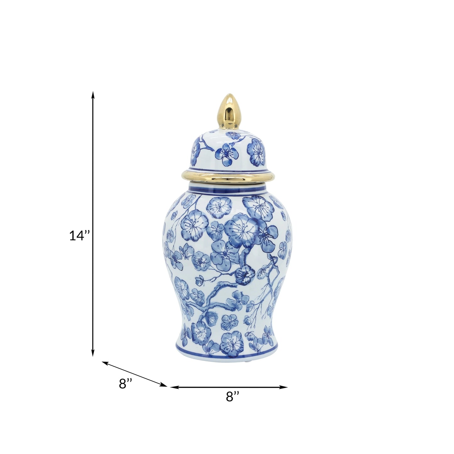 Sagebrook Home 14" Ceramic Temple Jar with Lid Contemporary Vintage Style Blue and White Chinoiserie Floral Design