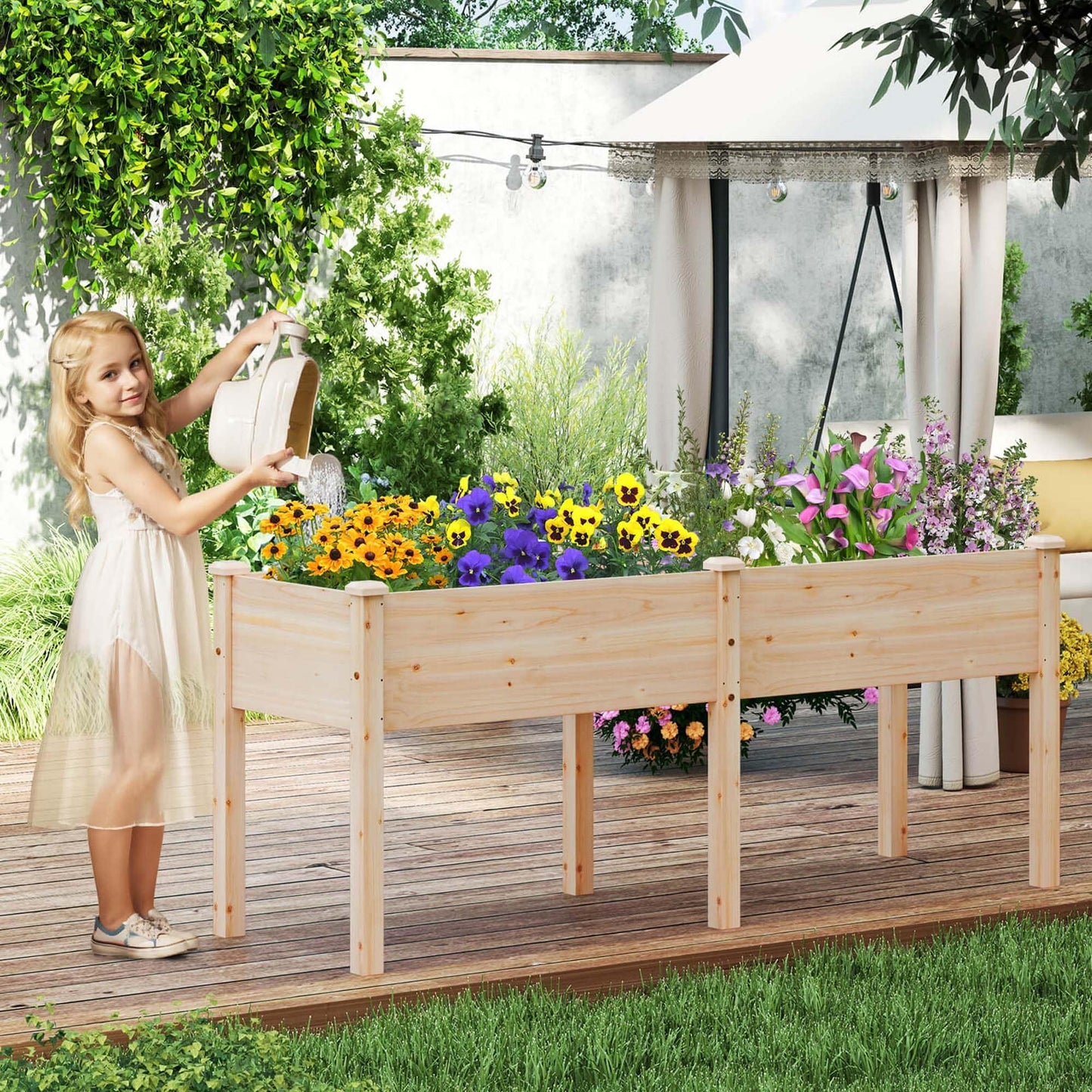 Costway Raised Garden Bed Elevated Fir Wood Planter Box with 2 Large - See Details