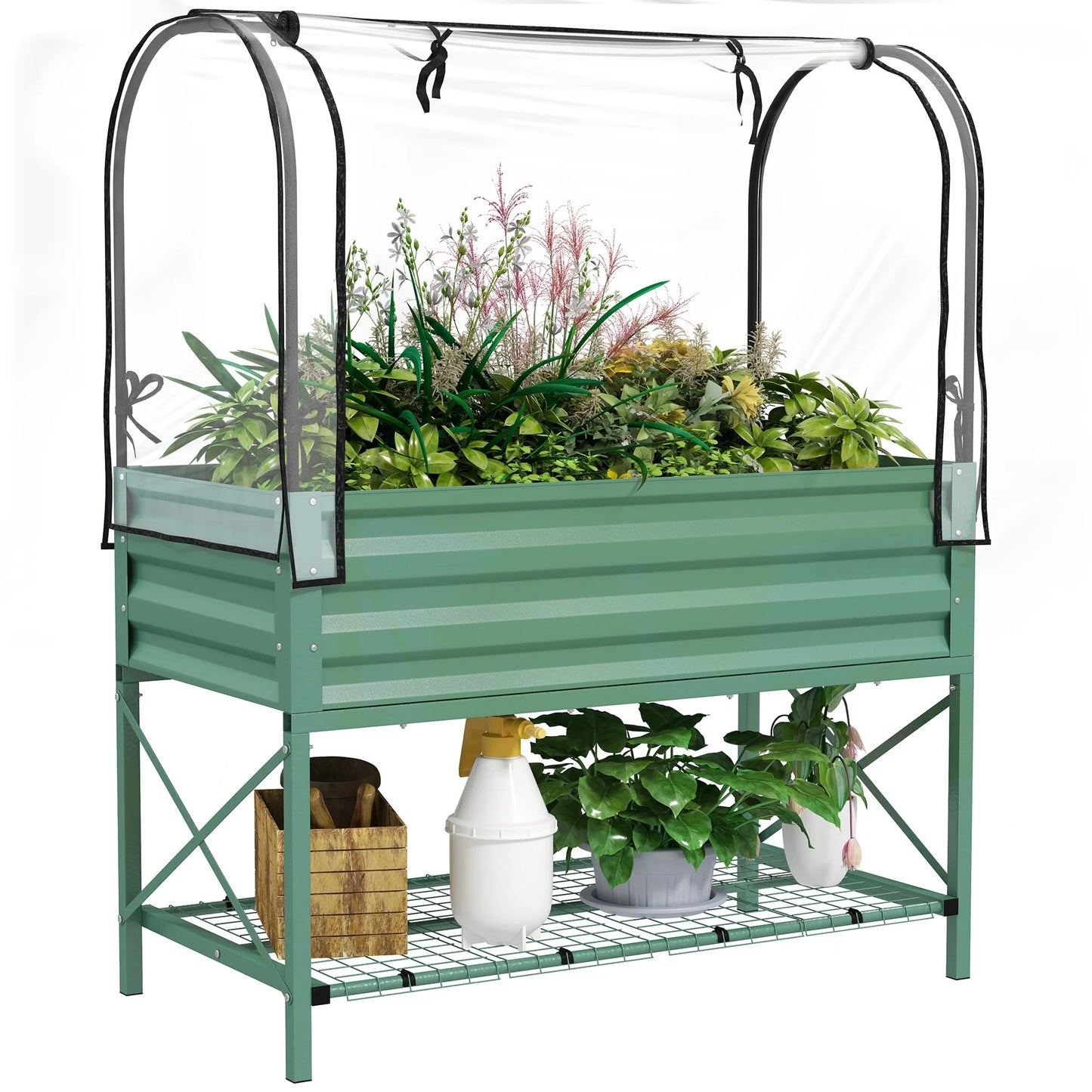 Outsunny Raised Garden Bed with Cover and Storage Shelf, Rectangular Metal Elevated Planter Box