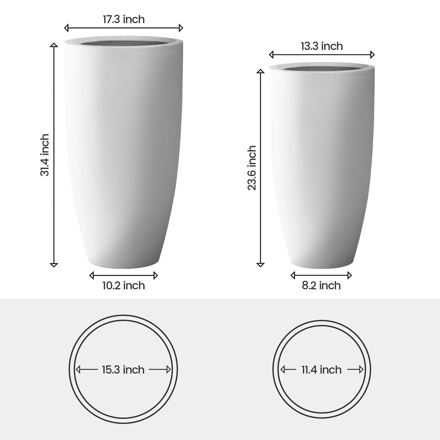 Plantara 32" & 23.6" H Concrete Tall Solid White planter, Large Outdoor Plant pot, Modern Tapered Flower pot for Garden