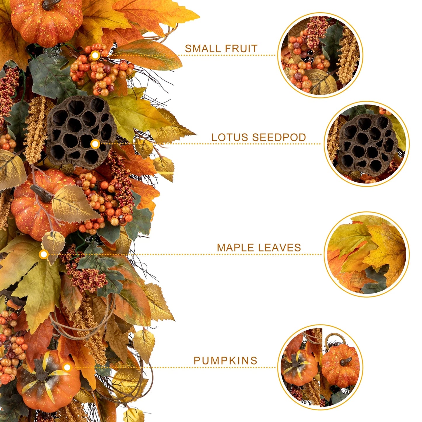 Glitzhome 26"H Fall Sunflower Pumpkin Lotus Leaf Teardrop Swag for Thanksgiving