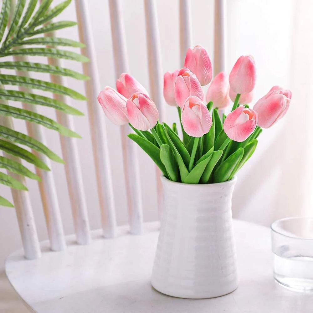 Enova Home 20 Pcs Artificial PU Real Touch Tulips Fake Silk Flowers Stems for Party Home Wedding Decoration