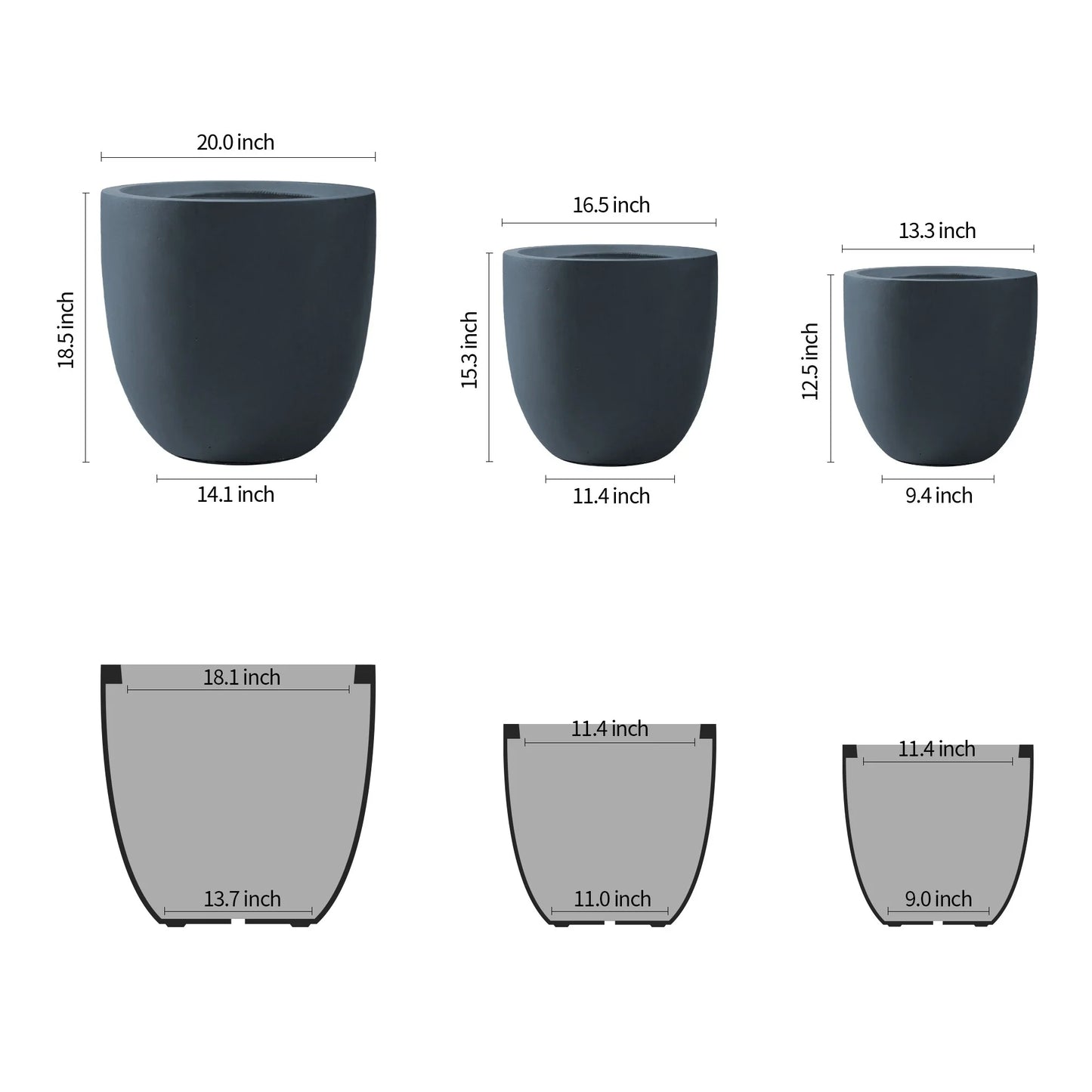 Kante 20", 16.5", 13.3"W Weathered Finish Round Concrete Planters (Set of 3), Outdoor/Indoor Decorative Pots w/ Drainage Hole