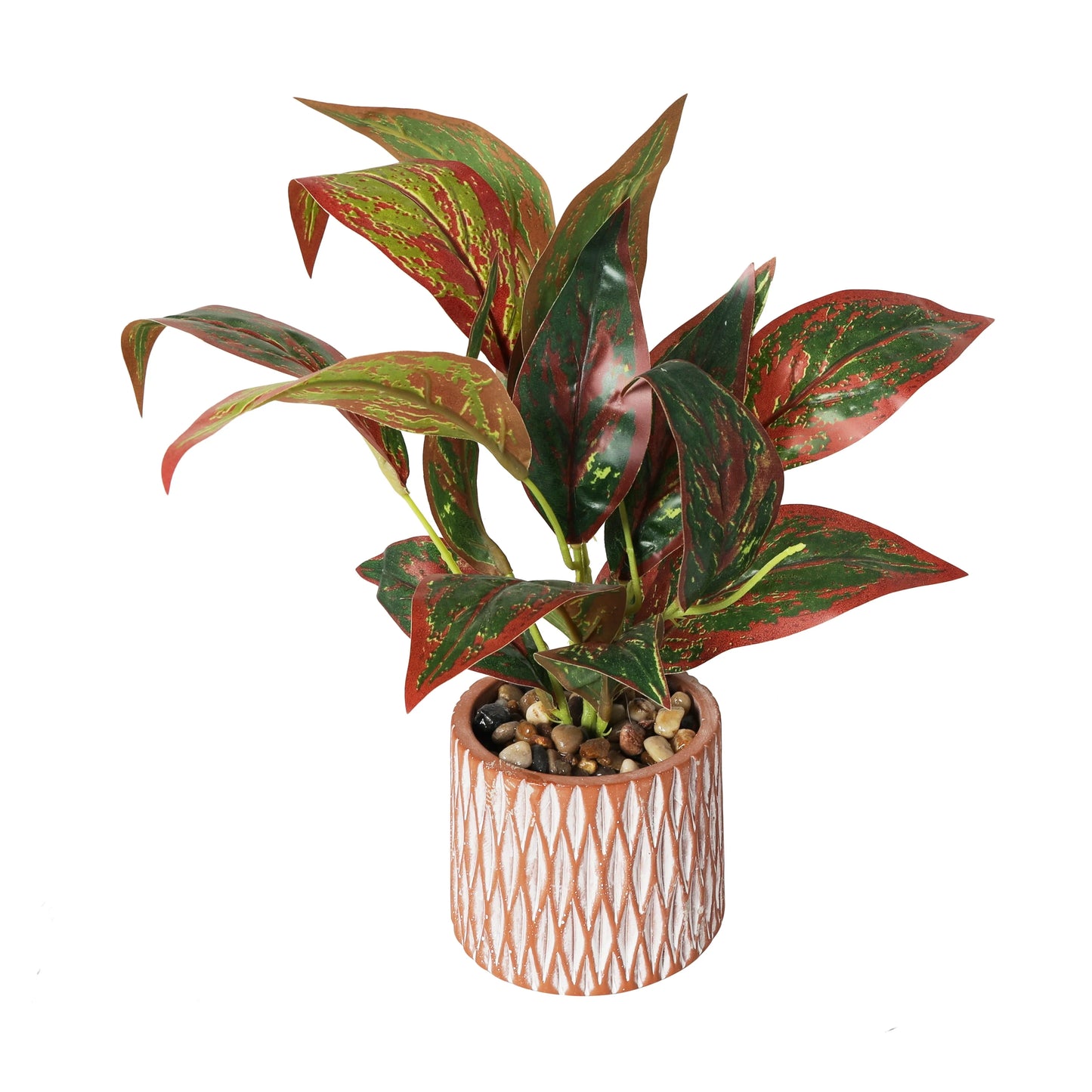 Faux Foliage Croton Artificial Plant with Geometric Patterned Pot and Decorative Pebbles - Green - Roche River Decor
