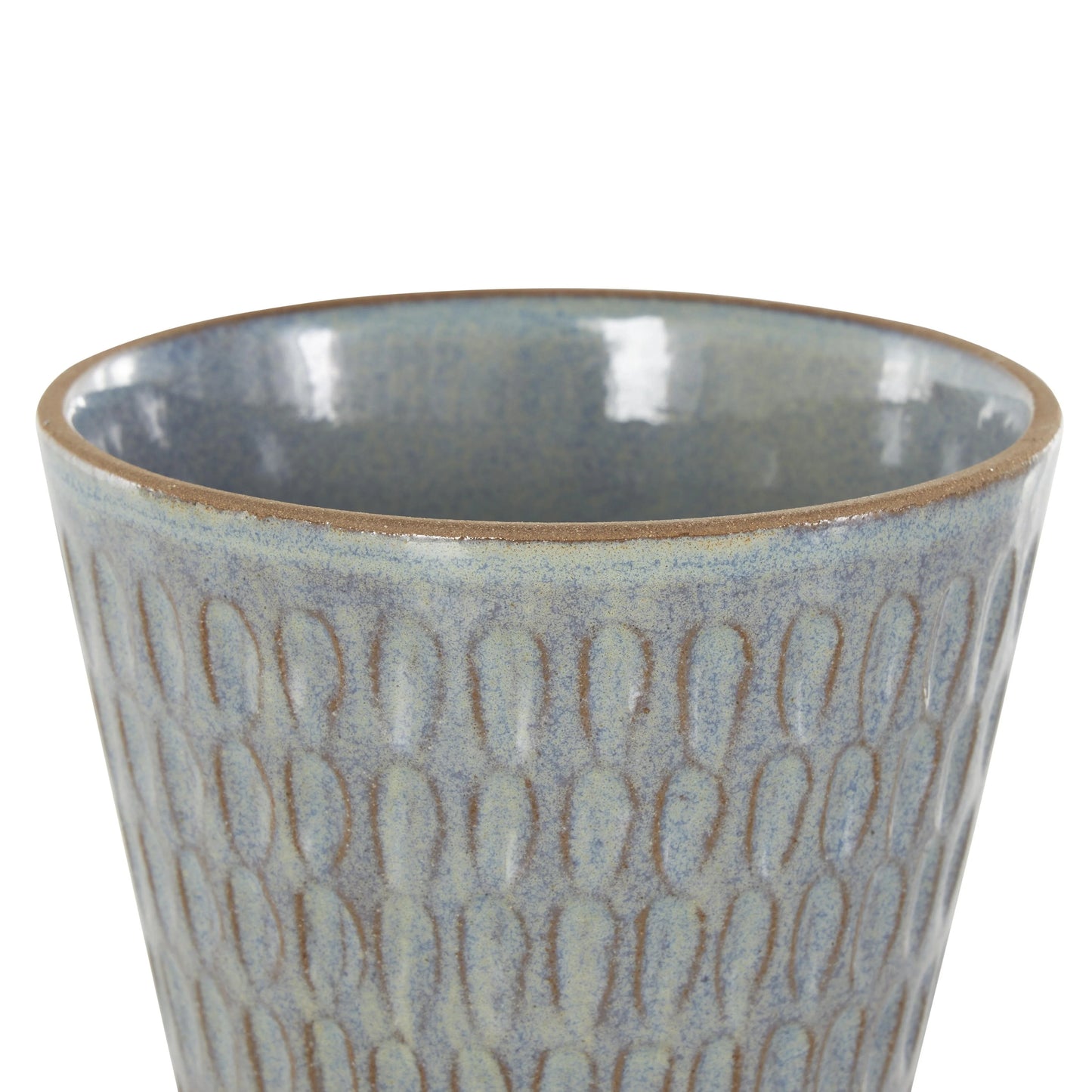 Ceramic Geometric Oval Patterned Indoor Outdoor Planter with Brown Accents and Base Tray - Set of 3 Blue - Roche River Decor